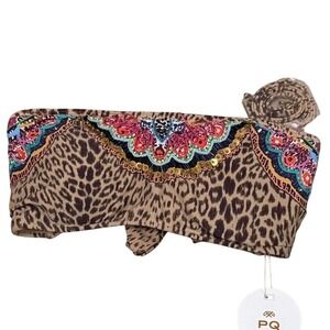 PQ Swim Embroidered Bandeau Bikini Top Cheetah Leopard RAJ-778B Size D NWT‎